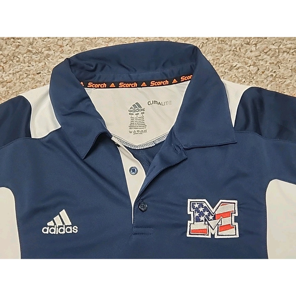 Adidas Scorch Michigan Men's L Blue Polo‎ Climalite RWB Flag Block M Logo Unique